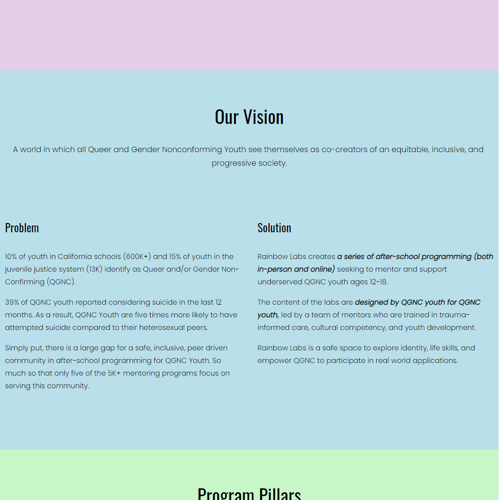 Image of a wireframe of the Rainbow Labs previouse home page