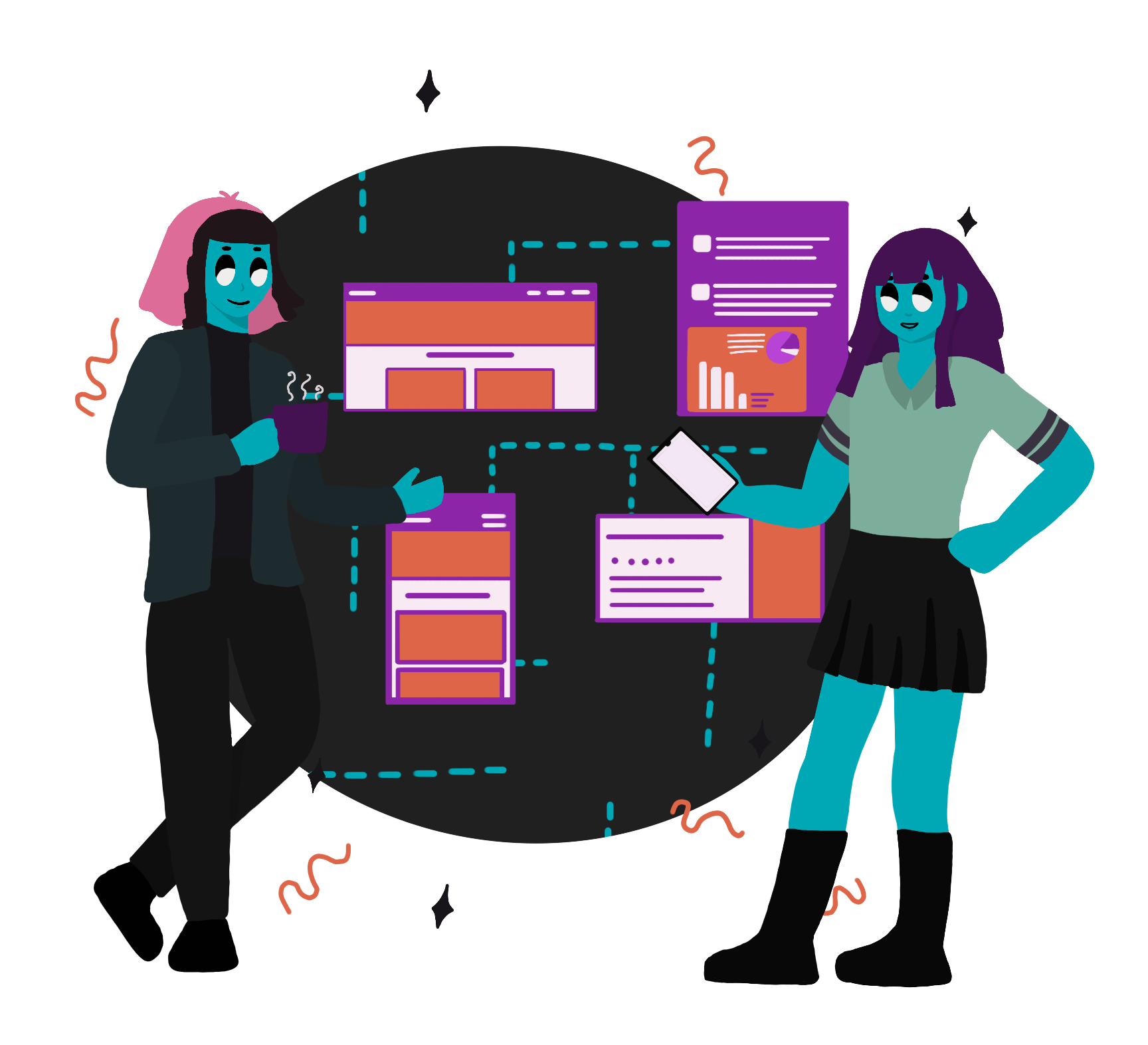 Drawing of three people pointing at a UI of a mobile design